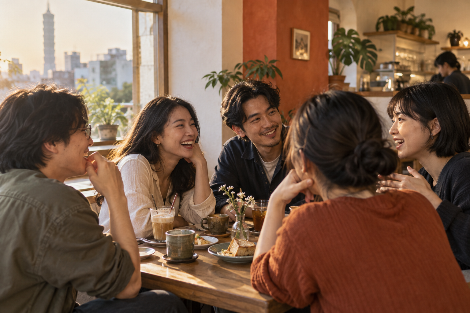 Friends talking around a café table at golden hour, the city outside the window